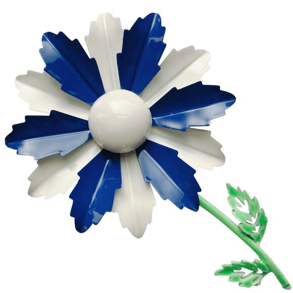 VTG 60s Brooch Blue White Enamel Flower Mid Century Mod Costume Jewelry Kitschy - Picture 1 of 10